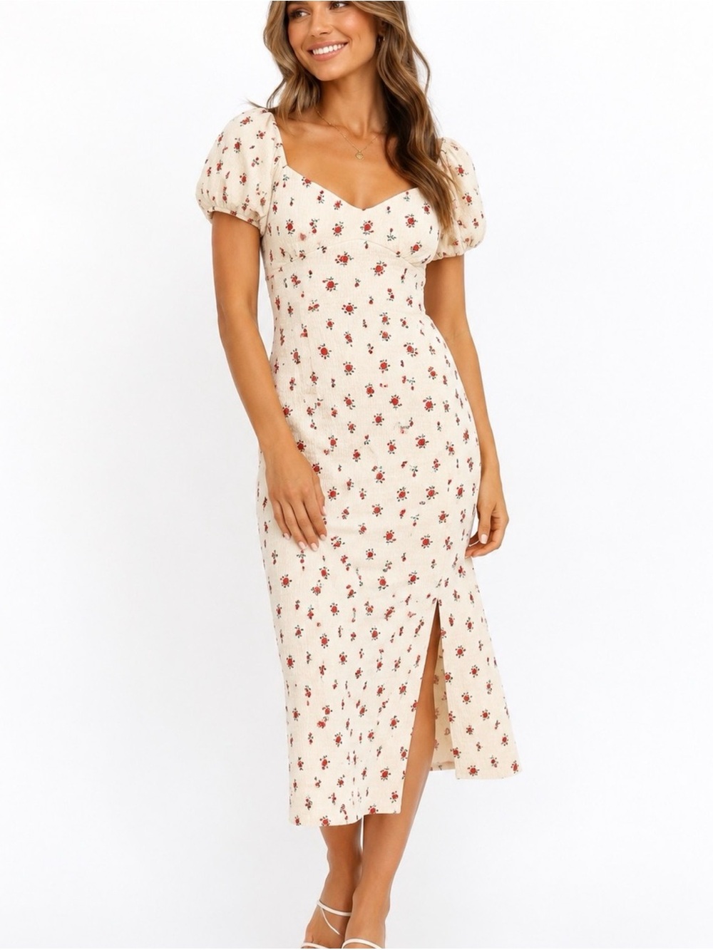 Madden Girl Cream Midi Dress with Red Floral Print